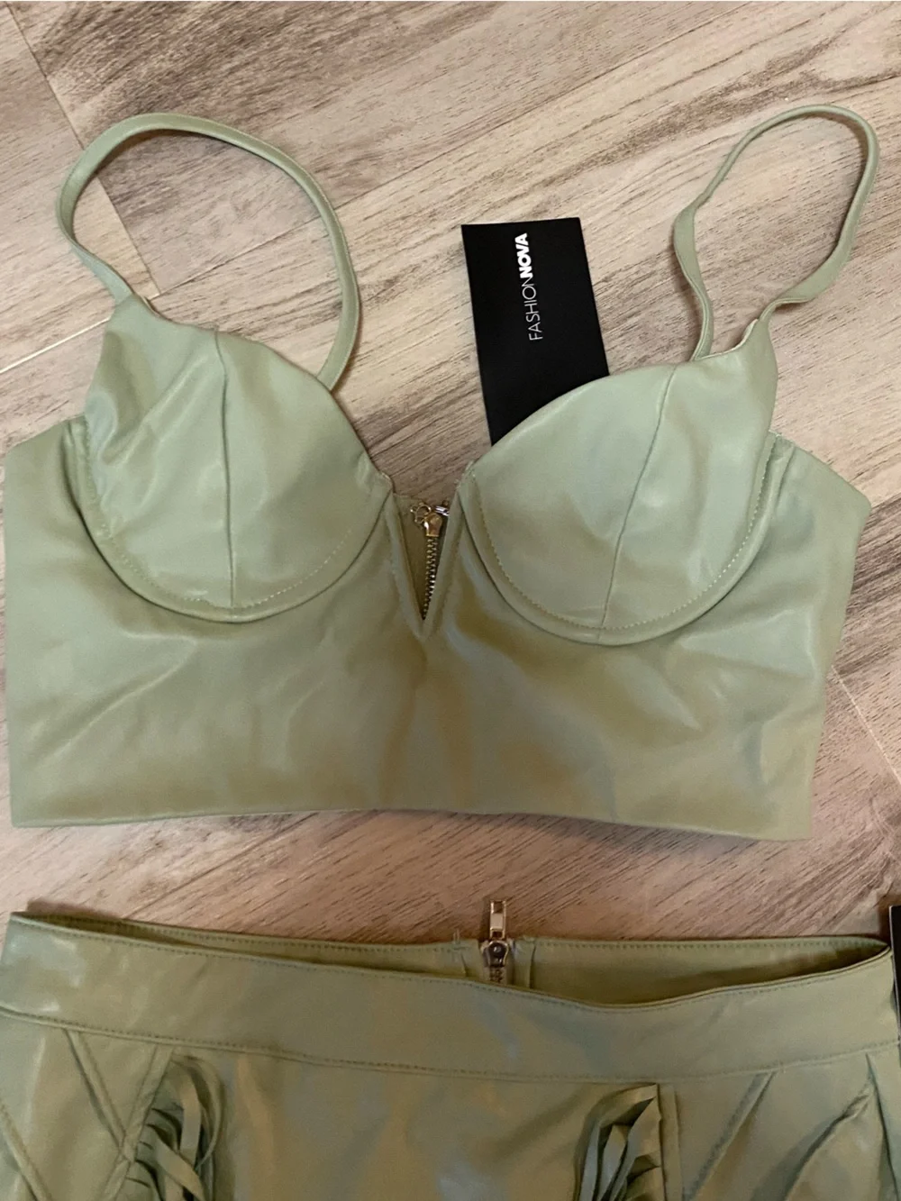 Fashion Nova Sage Faux Leather Fringe Two-Piece Set - NWT